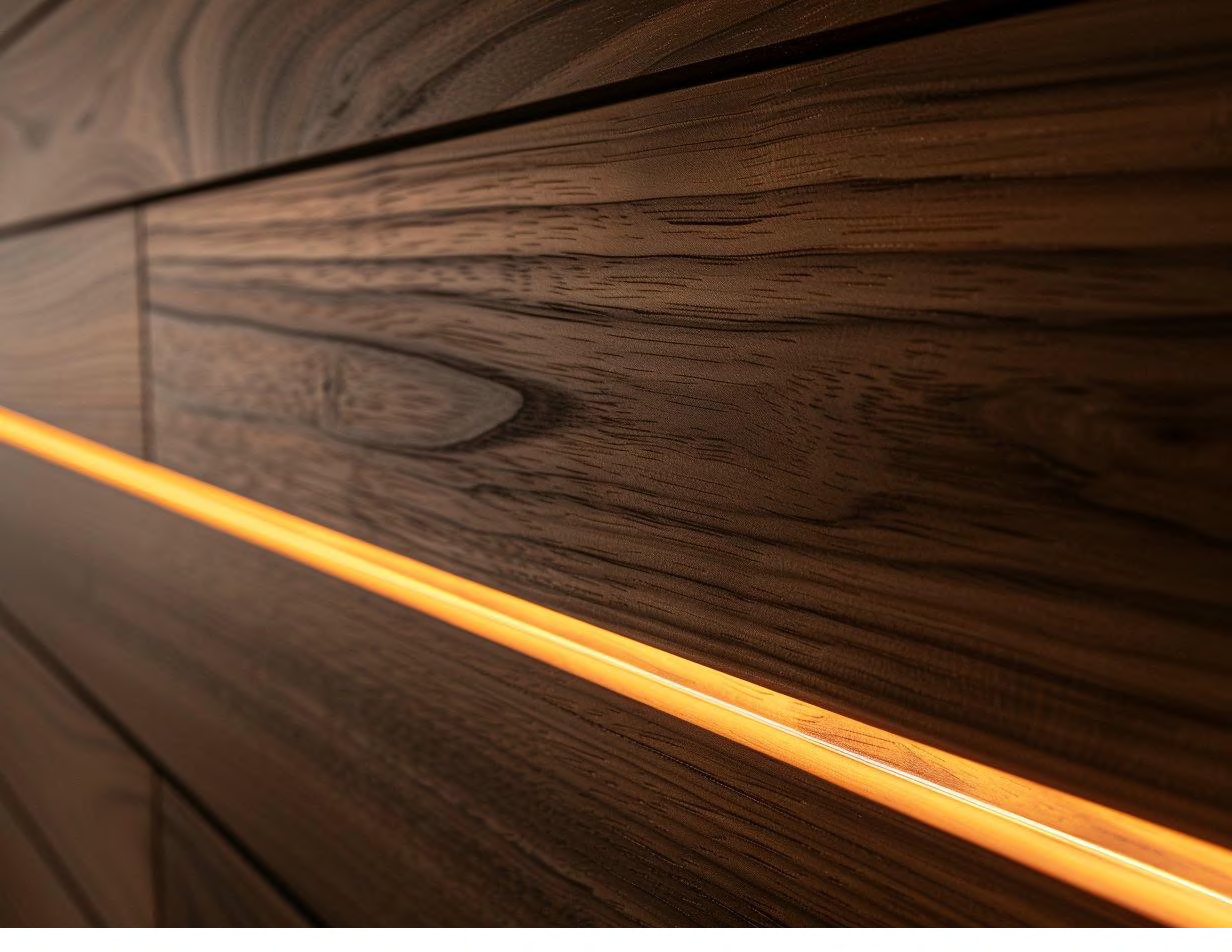 Dark walnut wall panelling with a lit reveal