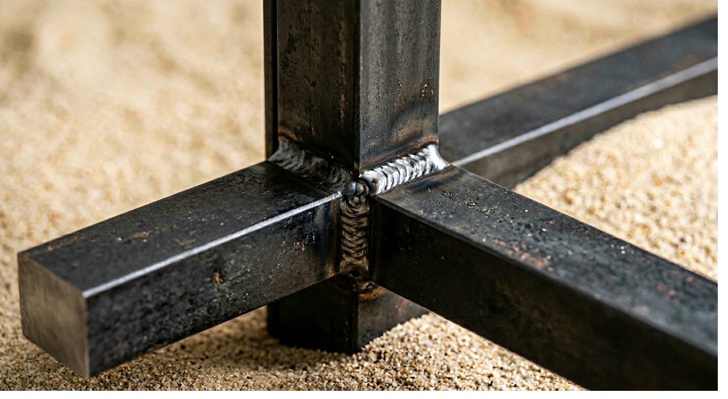 Precision welded flat bar junction in blackened mild steel