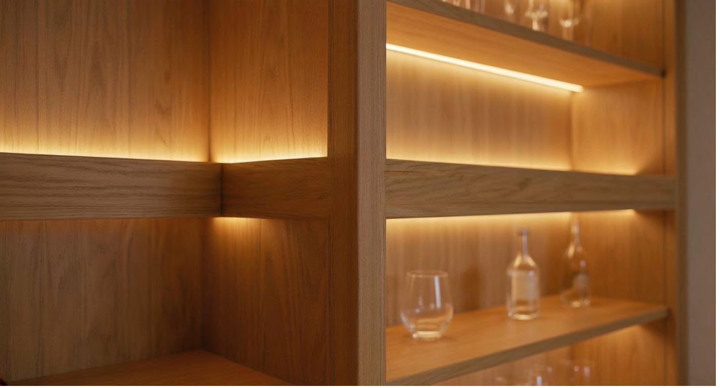 Oak shelving with a lit reveal and glassware