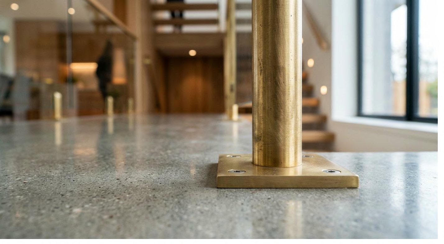 Brushed brass balustrade post on a polished concrete floor