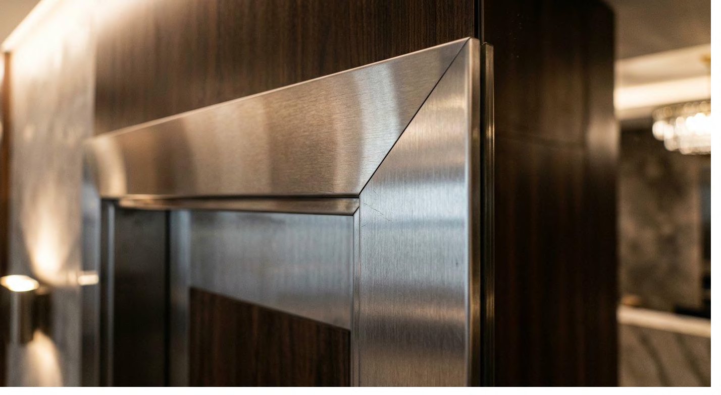 Brushed stainless steel door frame with a mitred corner