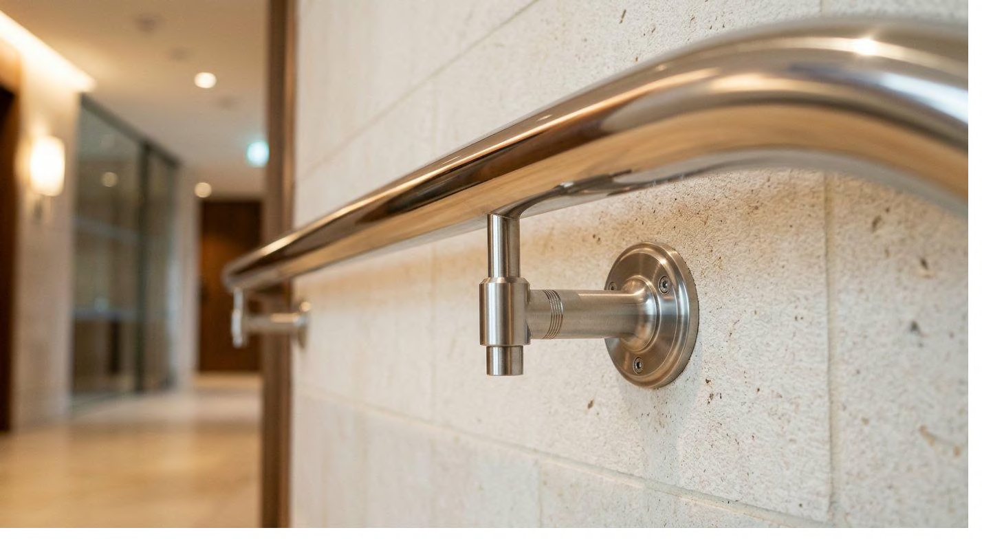 Polished stainless steel round bar handrail on a stone wall